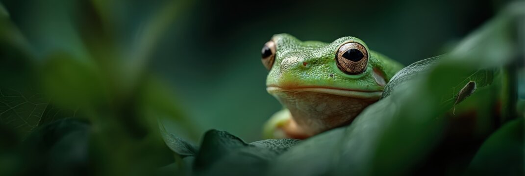 Green tree frog peeking from jungle foliage