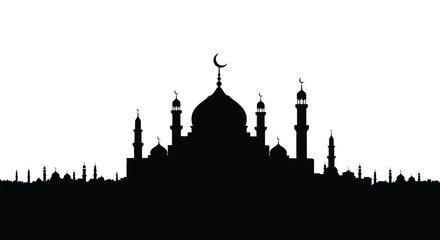 Mosque Silhouette with Crescent Moon and Minarets at Night © mst