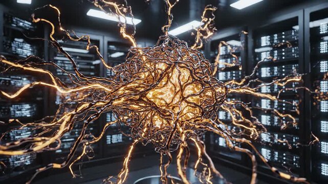 Abstract AI entity glowing with electric energy in server room
