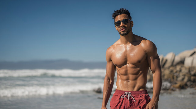 A man with a six pack is standing on the beach
