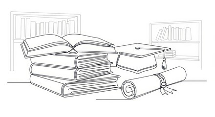 Graduation Cap, Books, and Diploma: Symbolizing Education, Knowledge, and Achievement