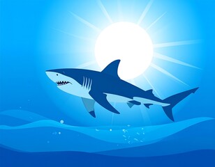 Fototapeta premium Cartoon shark swims in ocean with bright sun in the background