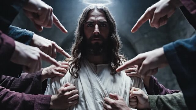 Cinematic religious video footage portraying Jesus Christ surrounded by pointing hands and accusatory gestures, symbolizing judgment, blame, persecution, and spiritual trial in a dramatic biblical sce