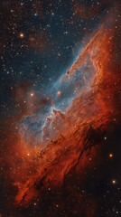 Deep space nebula glowing with vibrant orange and blue hues surrounded by numerous bright stars scattered across the dark cosmic background with intricate cloud formations