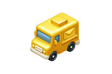 Isometric view of a yellow, cartoonish mail truck with a letter icon on the side