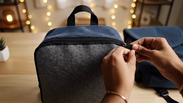 Packing a backpack on a cozy table with warm lights.