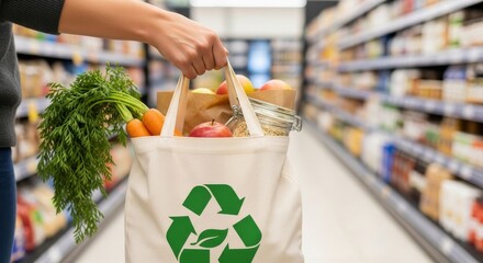 Eco-Friendly Grocery Haul: A person carries a reusable tote bag brimming with fresh groceries through a supermarket aisle, highlighting a commitment to sustainability and healthy eating.