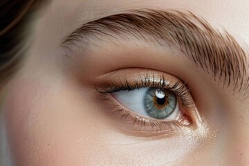 Obraz premium Close up of a female blue eye with perfect eyebrows and makeup, showcasing beauty and cosmetics
