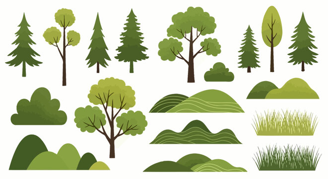 Vector Forest Elements and Landscape Silhouettes: Trees, Bushes, Hills, and Grass