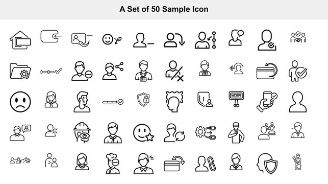 Collection of fifty black and white line icons representing people objects and actions