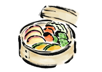 蒸篭に入っている野菜の和風筆イラスト素材