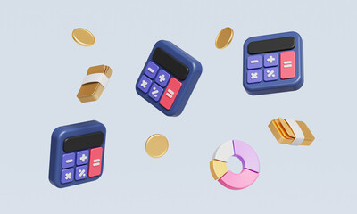 계산기와 황금 현금, 동전, 원형 차트 Calculator with Golden Cash, Coin and Pie Chart 