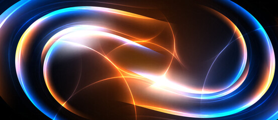 Obraz premium Bright abstract swirls, orange, blue hues dominate. Light radiates from center, creating dynamic visual effect. Smooth gradients present.