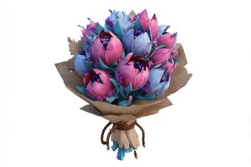 A bouquet of stylized tulips in pink, blue, and purple, wrapped in burlap and tied