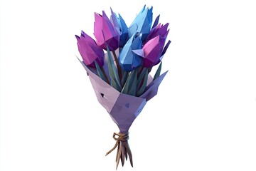 A low-poly bouquet of stylized tulips, with purple and blue hues, wrapped in paper
