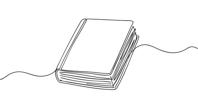 Single continuous line drawing of a closed hardcover book in a minimalist art style, an elegant and simple black and white illustration for literary or educational concepts