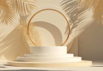 Elegant product pedestal with golden ring and palm leaf shadows
