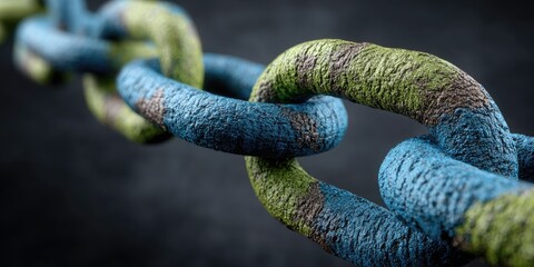 Close-up of a textured chain links, painted in blue, green, and brown, against a dark backdrop