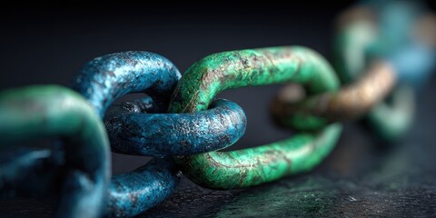 Close-up of a weathered chain with links of blue, green, and a dark, blurred background