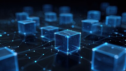 Glowing, blue, translucent cubes connected by a network of lines and dots, blurred background