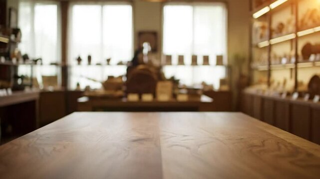 Wooden table surface with shop display in background creates an inviting retail space atmosphere