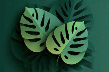 Two Swiss cheese plant leaves overlapping on darker leaves against a muted background