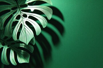 Close-up of large, pale leaves with dramatic shadows against a textured emerald background