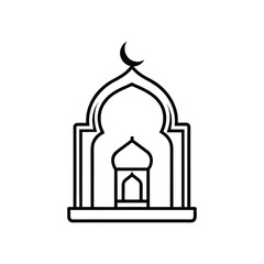 Mosque archway line art icon with crescent moon isolated on white background