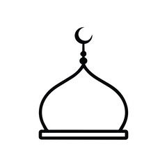 Simple mosque dome line art icon with crescent moon isolated on white background
