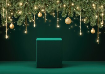 Festive display featuring evergreen branches, ornaments, and a pedestal on a green backdrop