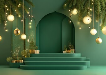 Festive emerald green stage with arch, steps, ornaments, lights, & pine boughs