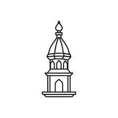 Black and white line art illustration of a minaret isolated on white background