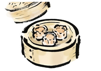 蒸篭に入っている焼売の和風筆イラスト素材