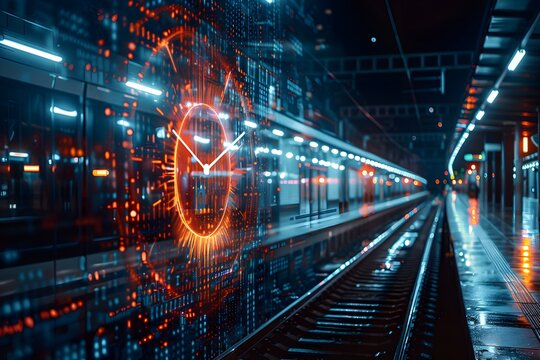 Futuristische Digitaluhr &uuml;ber Bahngleisen mit Datenoverlay und Hightech Lichtspuren

