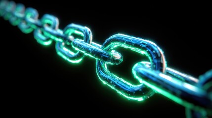 Close-up of glowing digital chain links on black, representing connectivity and networks