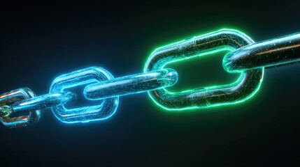 A close-up of a chain, segments glowing in cool blue and vibrant green