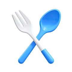 A blue and white 3D rendering of a crossed fork and spoon, on a solid white background