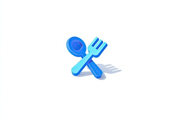 3D blue spoon and fork crossed on a white background, casting a soft shadow