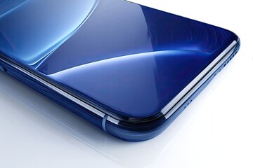 Close-up of a glossy, sapphire blue phone's sleek edge, reflecting light on a white surface