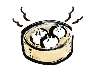 蒸篭に入っている肉まんの和風筆イラスト素材