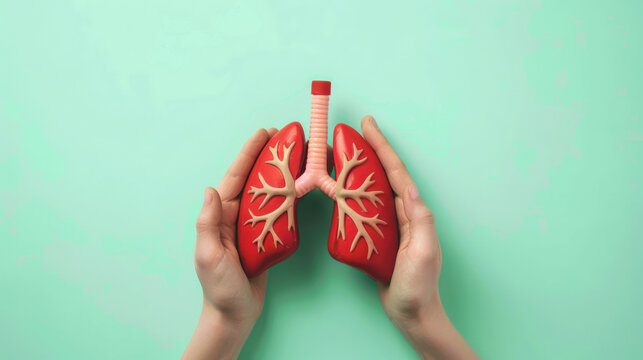 Red lungs plastic model in hands on light background. Copy space