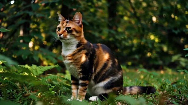 A curious tortoiseshell cat sitting in a lush green garden with trees and ferns in the background, looking alert