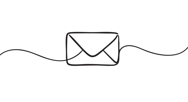 Single continuous line drawing of an envelope symbolizing communication, mail, and messaging in a minimalist, hand-drawn doodle style with a flowing, uninterrupted black line