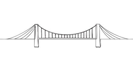 Obraz premium Simple hand-drawn suspension bridge illustration in a minimalist black and white line art style, showing the architectural structure with towers and cables in a continuous line sketch