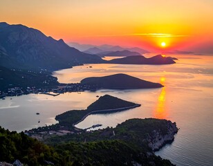 Scenic coastal vista at sunrise, showcasing islands and mountainous terrain