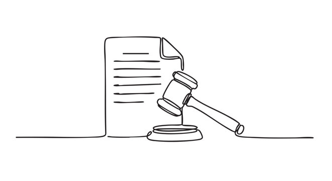 Continuous one line drawing of a wooden gavel and sound block next to a legal document, symbolizing justice, court proceedings, and legislation in a minimalist sketch style