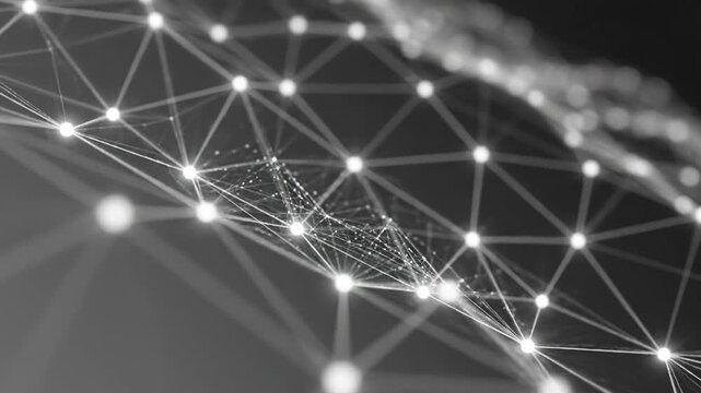 A grayscale image of a network connection forming a wave-like structure with nodes and lines on a dark background, possibly used for technology or communication concepts