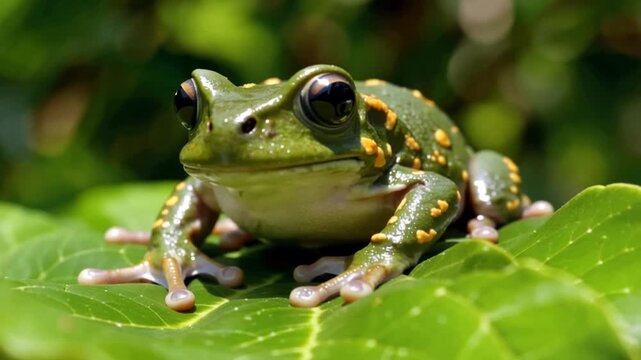 A green frog with orange spots sits on a leaf in a lush outdoor setting