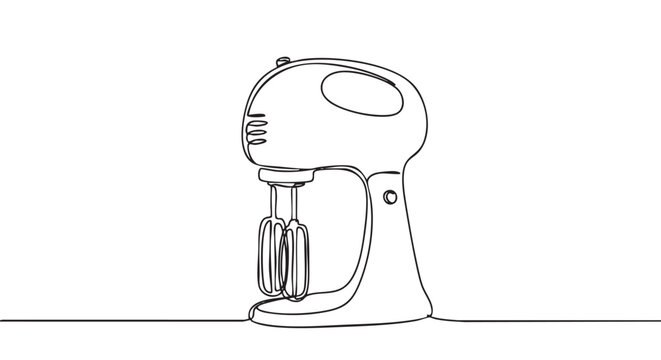Stand mixer kitchen appliance illustrated with a single continuous black line, creating a simple, elegant, and modern outline for cooking and baking themes