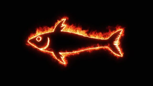 A glowing fish outline on fire against a dark background for design or symbolism